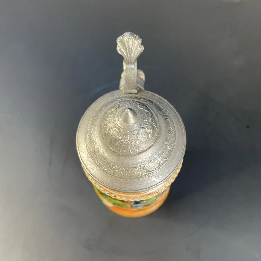 Small Vintage German Lidded Mini Beer‎ Stein Tavern Scene Floral